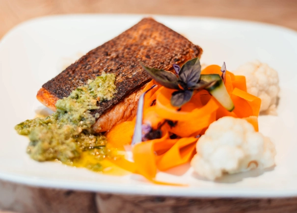 Crispy-skinned grilled salmon fillet